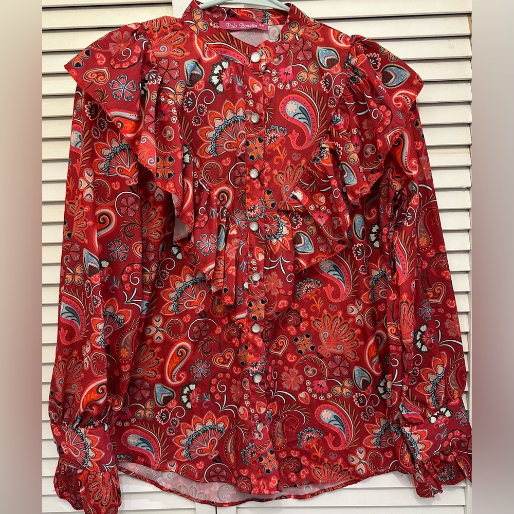 Ruffled Paisley Red Women's Top Size S-M
